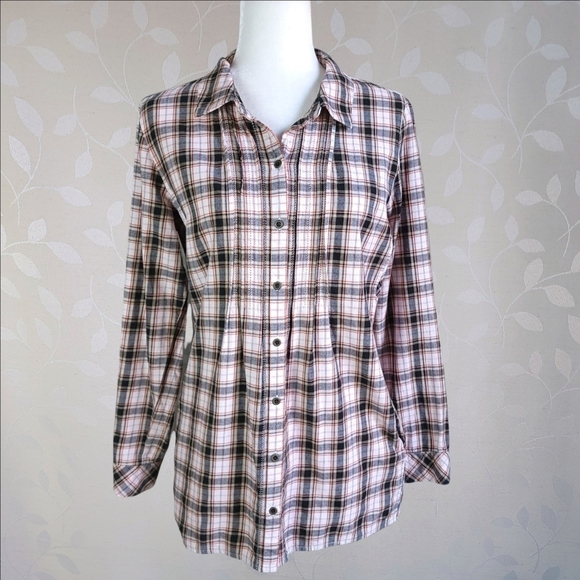 J. Jill Plaid Flannel Button Down Cozy Fall Cottage Academia Tunic Top Black S - Picture 4 of 15